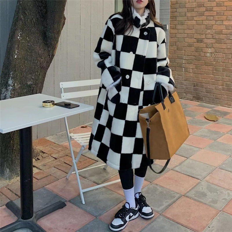 Plaid Harajuku Long Jacket for Women - Elegant Double Breasted