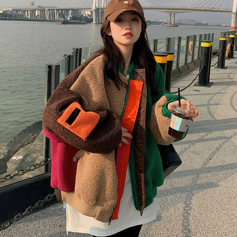 Playful Color Block Plush Cardigan for Harajuku Style