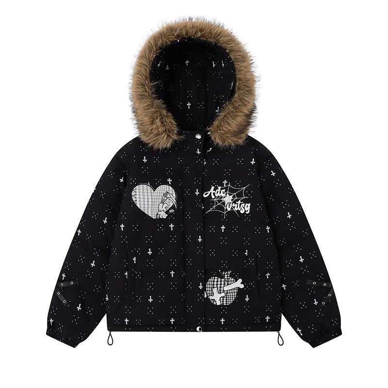 Spiderweb Cotton Coat - Detachable Hooded Fur Collar