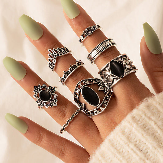 Black Oil Drip Geometric Ring Set - Retro Style Accessories