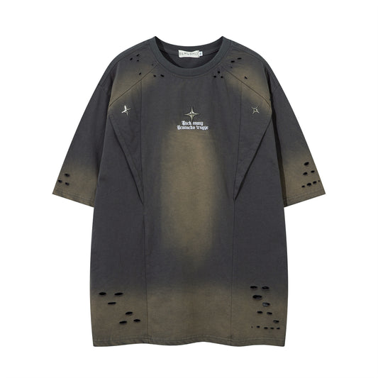 Harajuku Style Washed Hole Letter Embroidery Tee