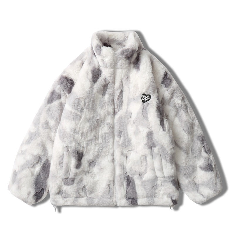 Trendy Tie Dye Stand Up Collar Plush Jacket