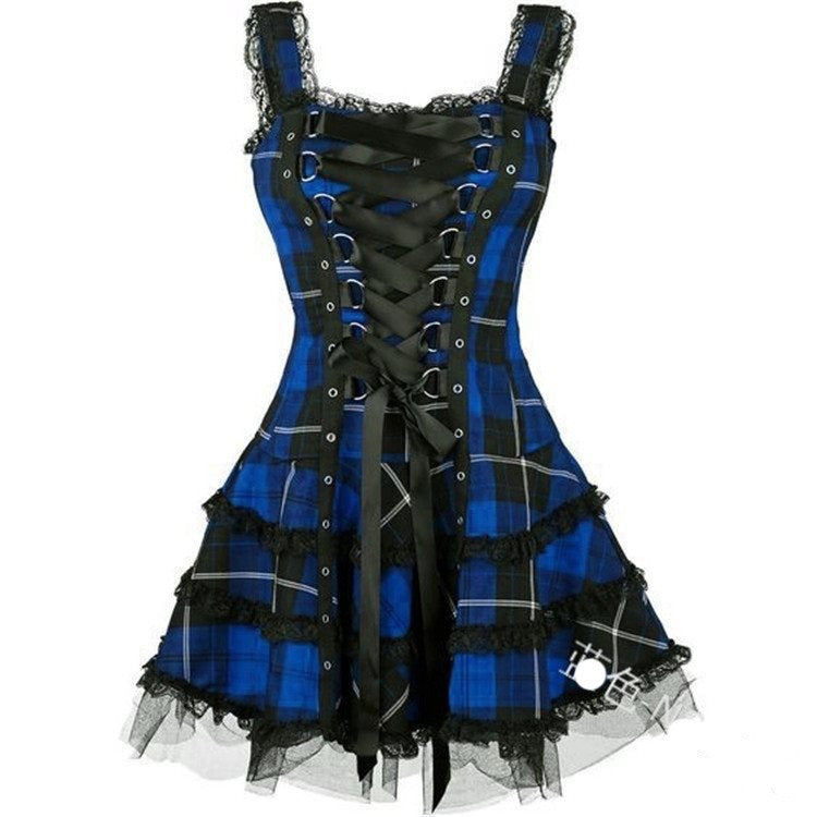 Printed Midi Skirt Dress with Lace Suspender and High Waist