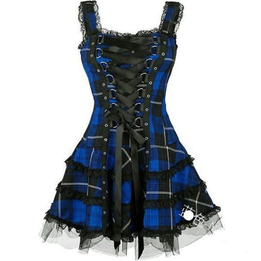 Printed Midi Skirt Dress with Lace Suspender and High Waist