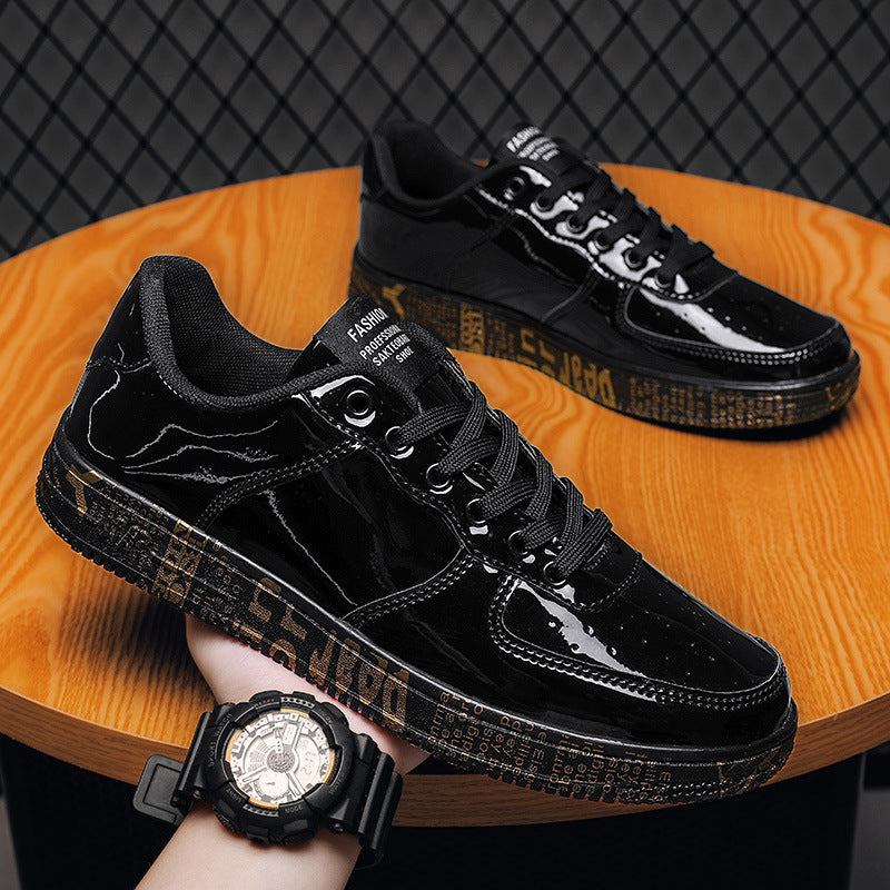 Men's Shiny Leather Panel Sneakers - Harajuku Style