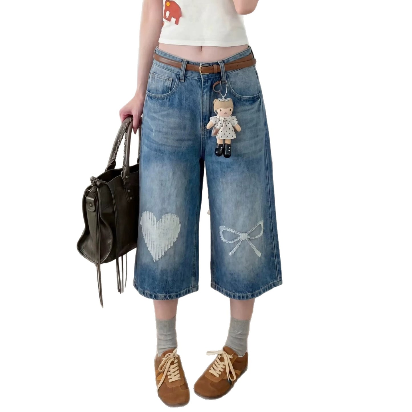 Harajuku Design Jeans Washed Bleached Loose Straight Leg Drape Wide Leg Pants - XGN-D112 Blue