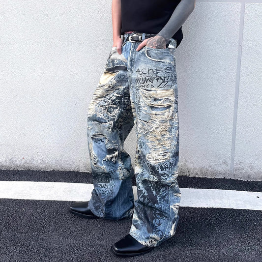Playful Letter Flower Denim Jeans for Men