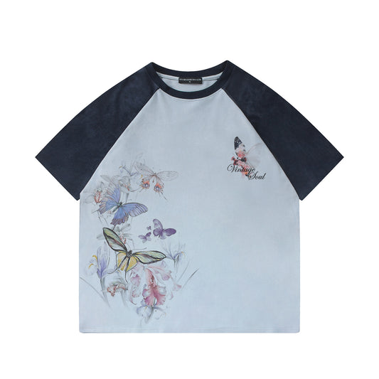 Ink Butterfly Print Short Sleeved Shirt — Harajuku-style Loose Fit Cotton Blend Tee