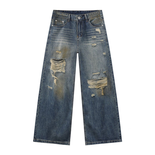 Harajuku Style Distressed Denim Wide-Leg Trousers for Men