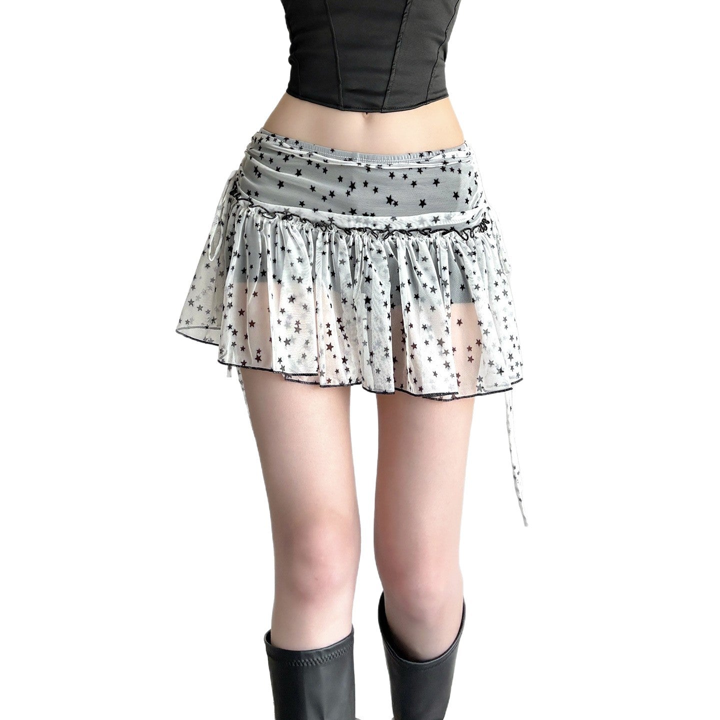 Star Print Side Strap Pleated Skirt