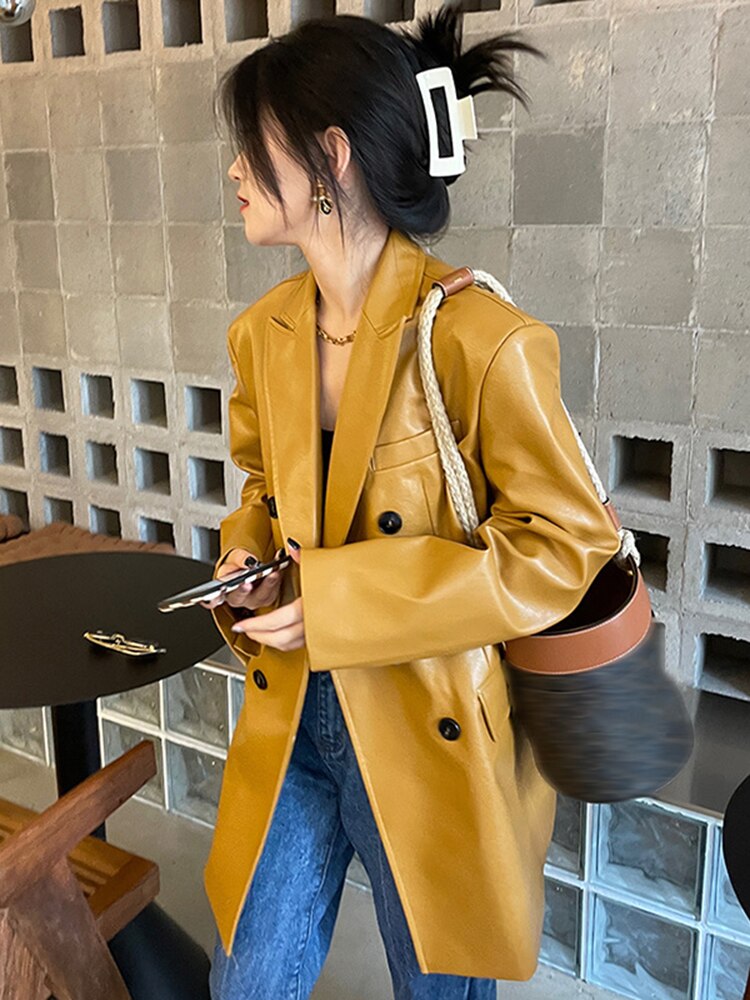 Playful Yellow PU Leather Oversized Blazer for Women