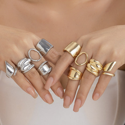 Geometric Metal Lava Line Ring Set - Harajuku Style