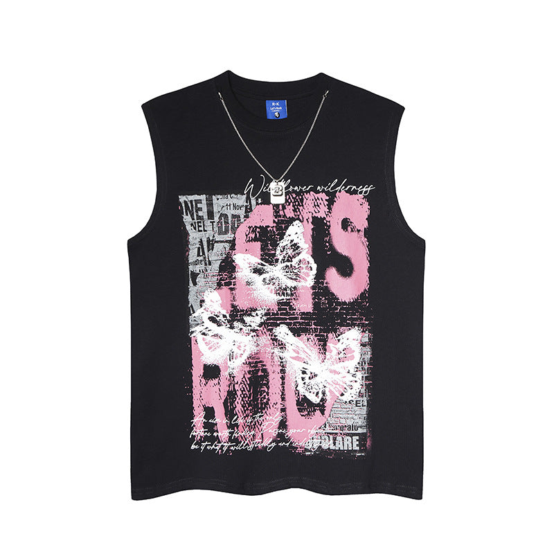 Butterfly Letter Print Design Necklace Sleeveless T-Shirt for Men and Women Street Vest Tank Top