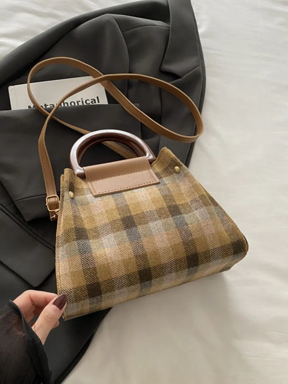 Plaid Trapezoid Crossbody Bag - Harajuku Style