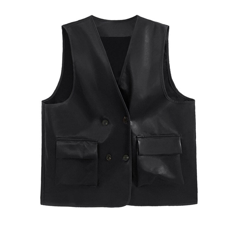 Coffee Color PU Leather Vest - Women Loose Fit V-Collar