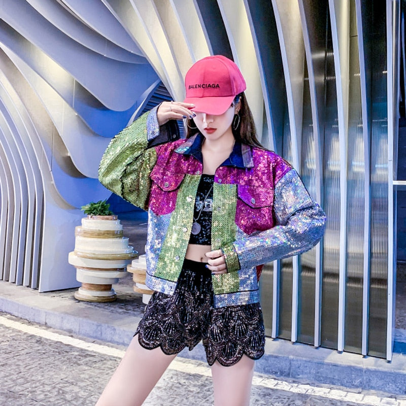 Harajuku Style Sequined Denim Jacket with Patchwork