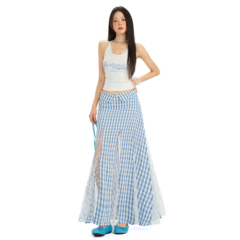 Women's Blue Plaid Summer Dress - Thin Sweet High Waist A-Line Long Skirt with Irregular Lace Detail