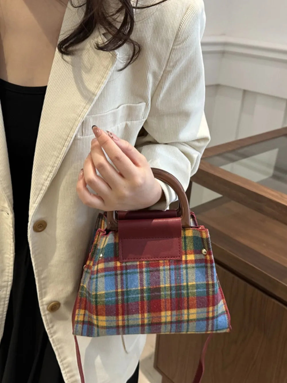 Plaid Trapezoid Crossbody Bag - Harajuku Style