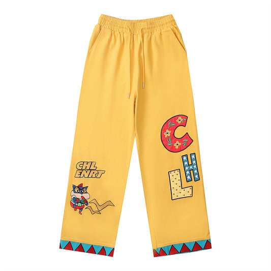 Cartoon Embroidery Straight Leg Pants - Harajuku Style