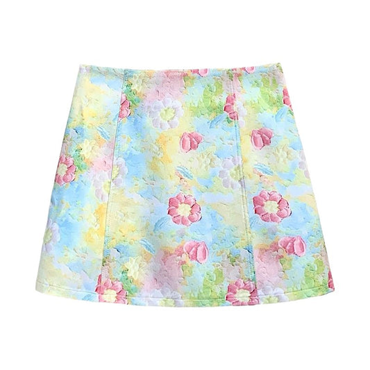 Sweet and Fresh Floral Print High-Waisted A-Line Skirt for Women - Slimming Pencil Short Skirt in Oil Painting Style