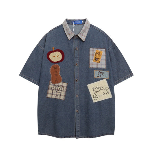Playful Water-Washed Denim Shirt with Irregular Embroidery