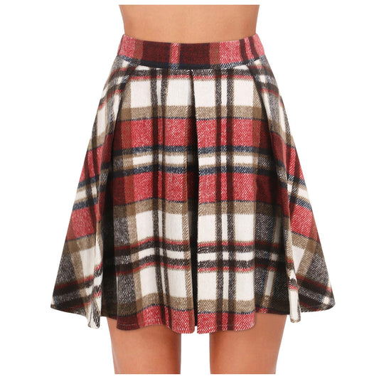 Women's Casual Retro Short Skirt with Splicing Plaid Belt and Pleated Design