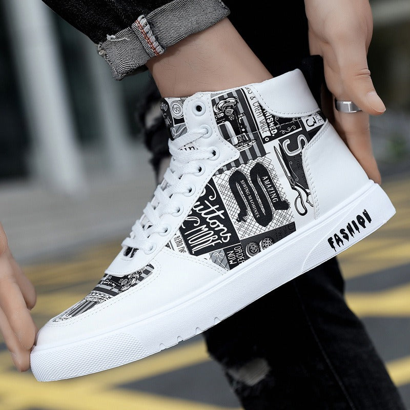 Trendy Harajuku Style Men's High Top Shoes - Graffiti Design