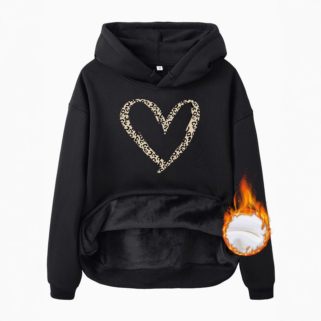 Hooded Long Sleeve Fleece Hoodie with Kangaroo Pocket and Heart-Shaped Print