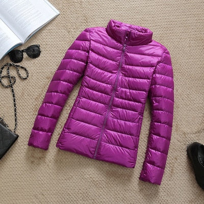 Ultra-Lightweight Slim Down Jacket for Women – Short Hooded Warm White Duck Down Coat