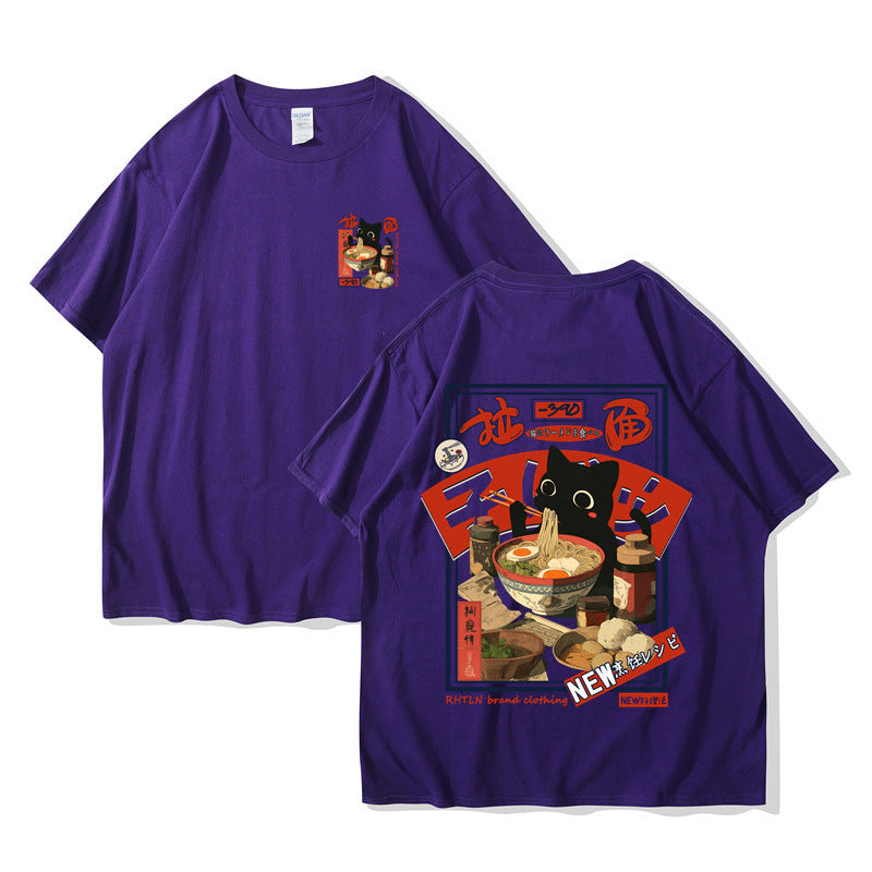 Harajuku Cat Cartoon Eating Noodles Graphic Unisex Casual Short Sleeve T-Shirt