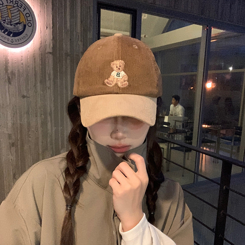 Cute Bear Embroidered Corduroy Baseball Hat for Women