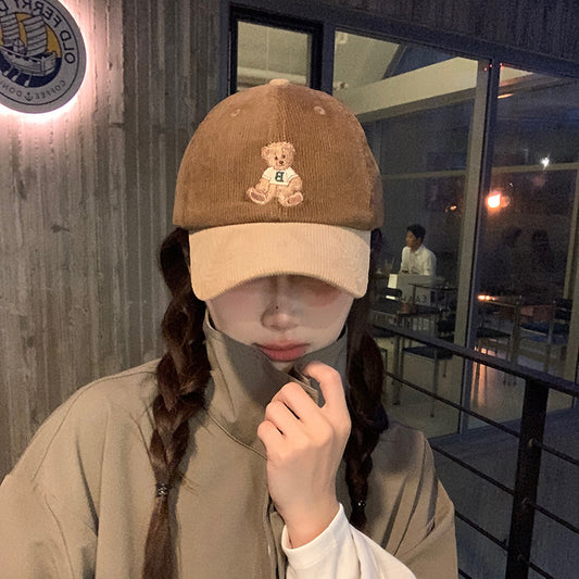 Cute Bear Embroidered Corduroy Baseball Hat for Women