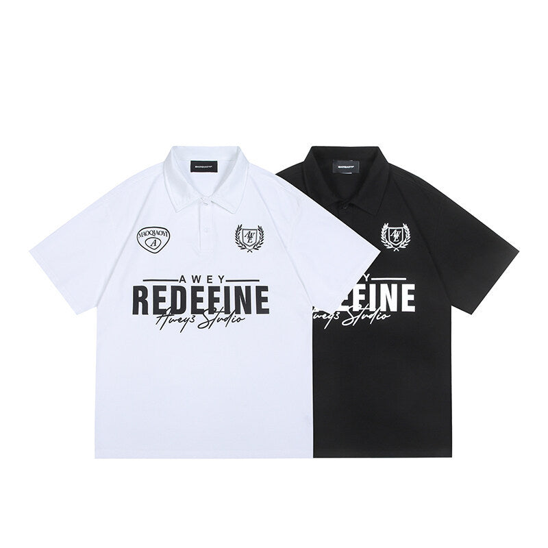 Harajuku Style Letter Printed Loose Fit Polo Shirt for Men