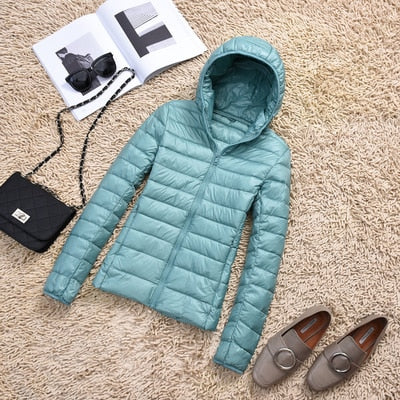 Ultra-Lightweight Slim Down Jacket for Women – Short Hooded Warm White Duck Down Coat