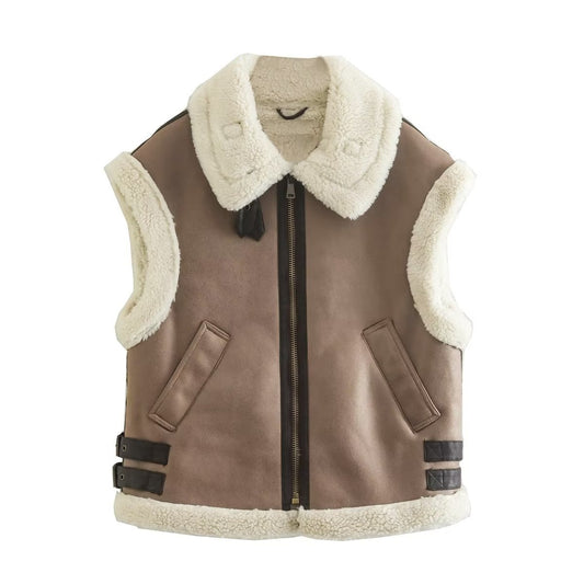 Harajuku Style Women's Thick Warm Leather Wool Lapel Vest