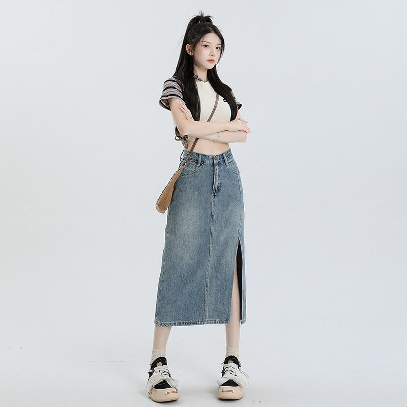 Women's High Waist Loose Fit A-Line Denim Midi Skirt with Slit for Summer