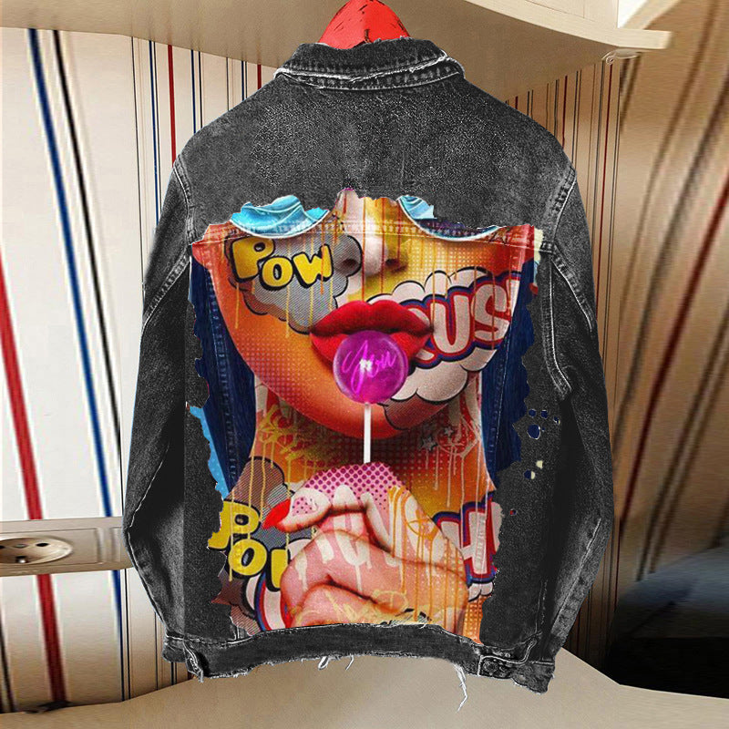 Playful Tongue Out Print Lapel Denim Jacket for Women