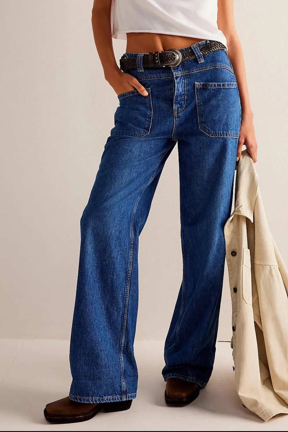 Playful Washed Wide Leg Jeans with Pockets