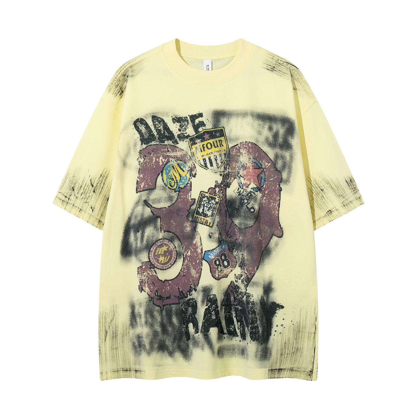 Harajuku Graffiti Badge Vintage Short Sleeve Tee — Fragmented Flowers Cotton Loose Fit