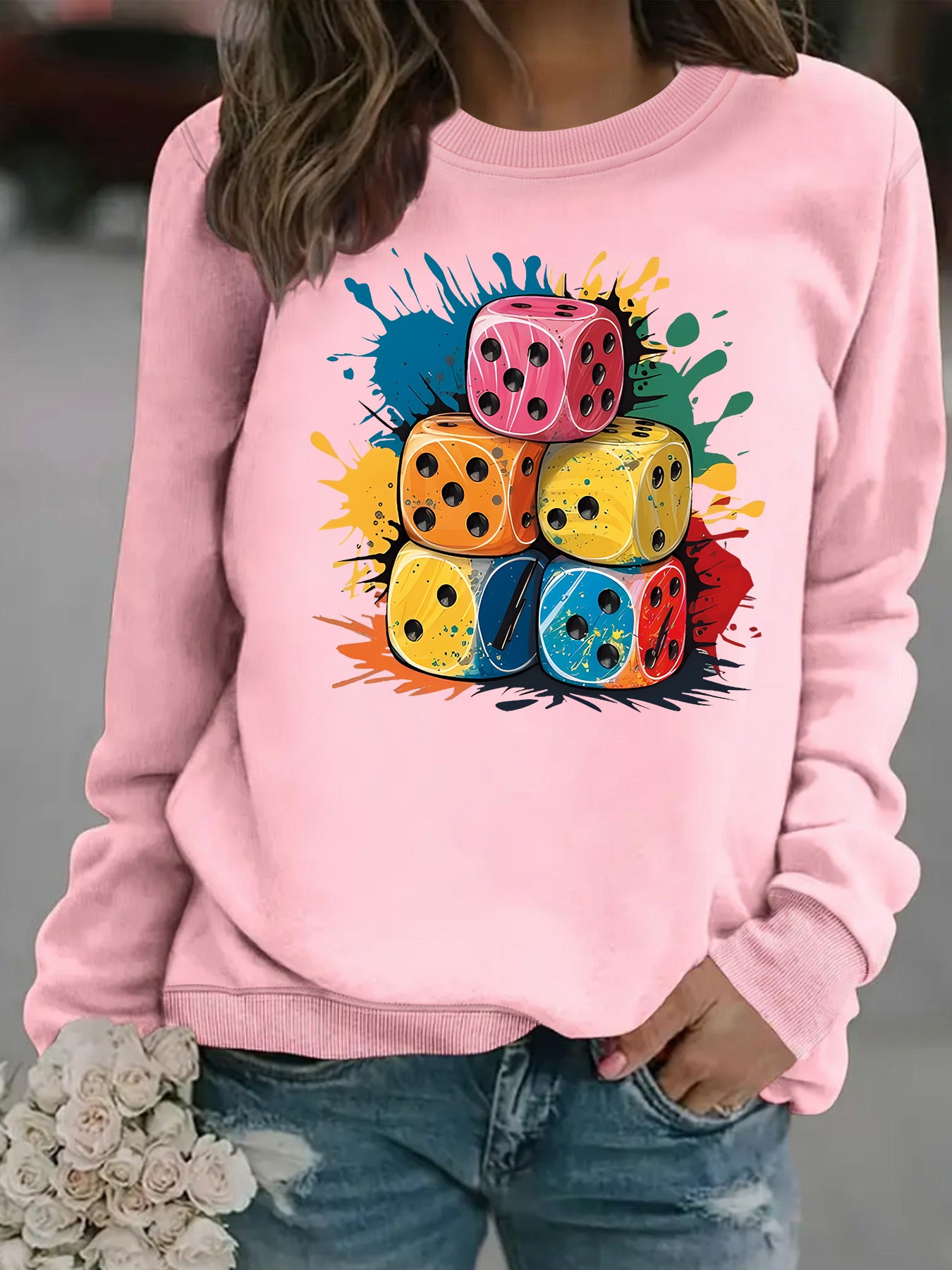 Splash Pattern Printed Stacking Block Hoodie with Round Neck
