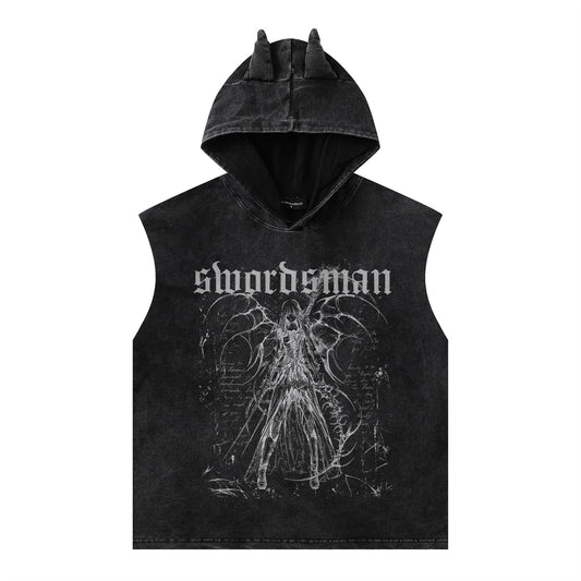 Harajuku-Inspired Water-Washed Sleeveless Hooded T-Shirt Vest