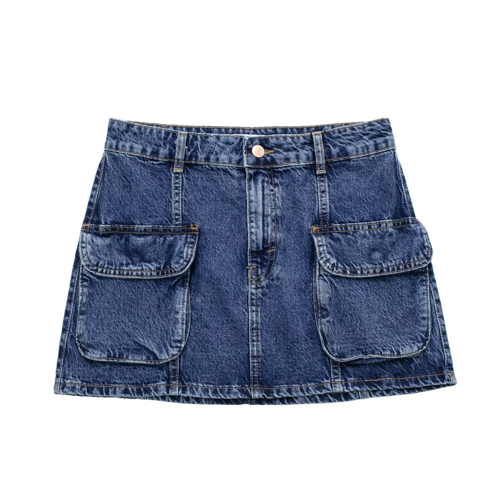 New European and American Mini High Waist Denim Skirt Personalized Street Work Pocket Half Skirt