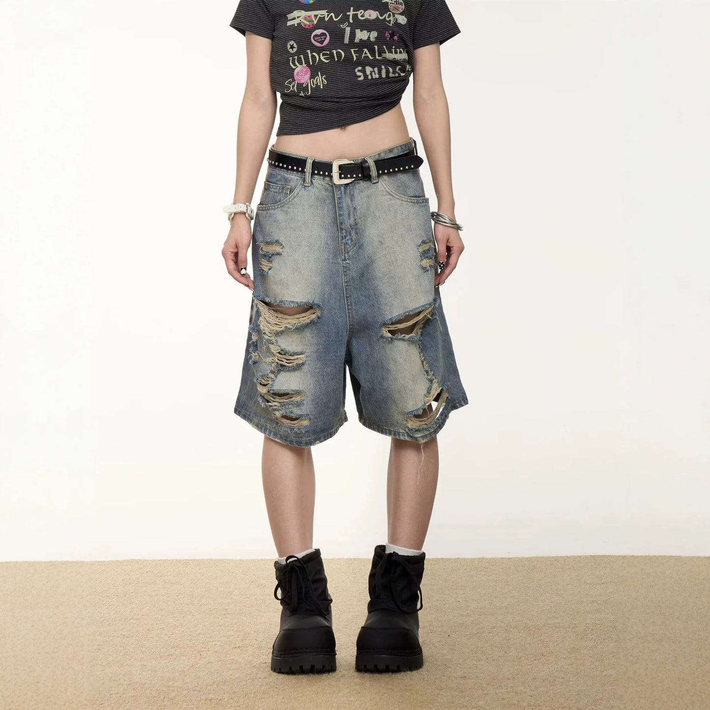 Retro Washed Distressed Denim Cropped Pants — Unisex Loose Wide Leg Shorts