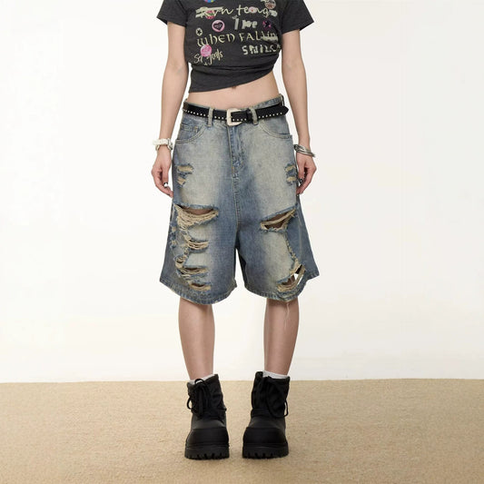 Retro Washed Distressed Denim Cropped Pants — Unisex Loose Wide Leg Shorts