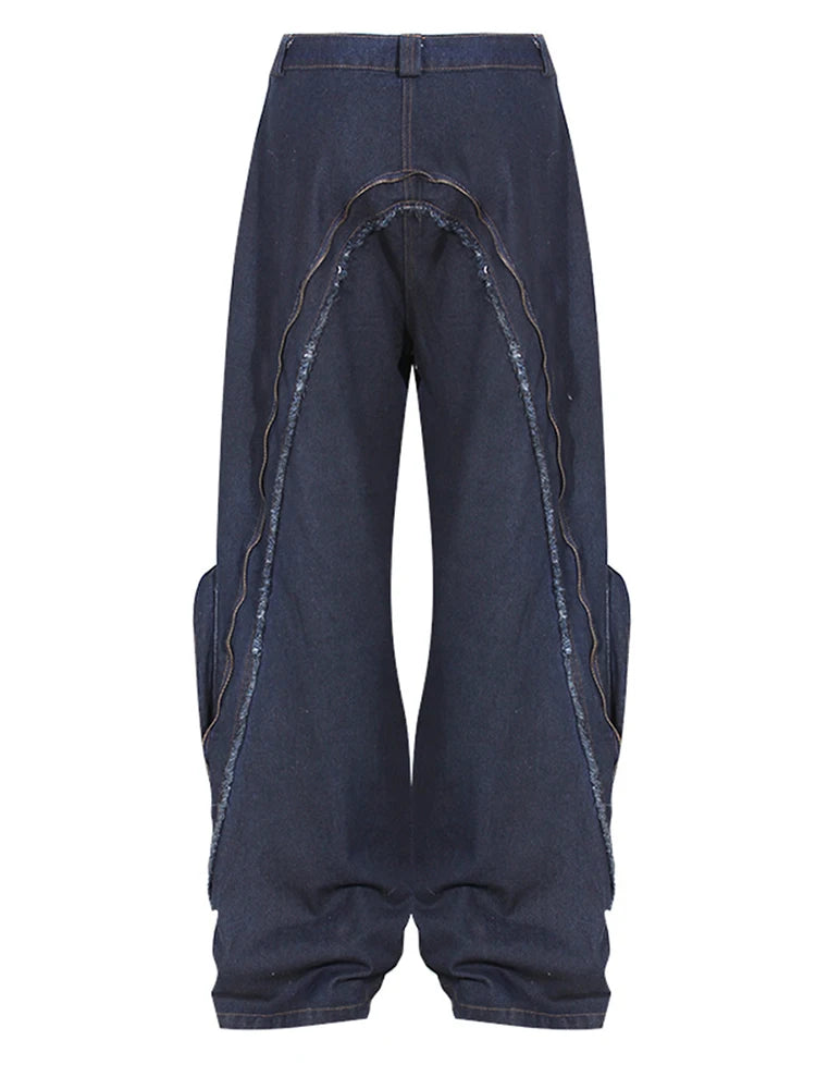 Playful High Waist Navy Blue Wide Leg Jeans with Zipper Pockets