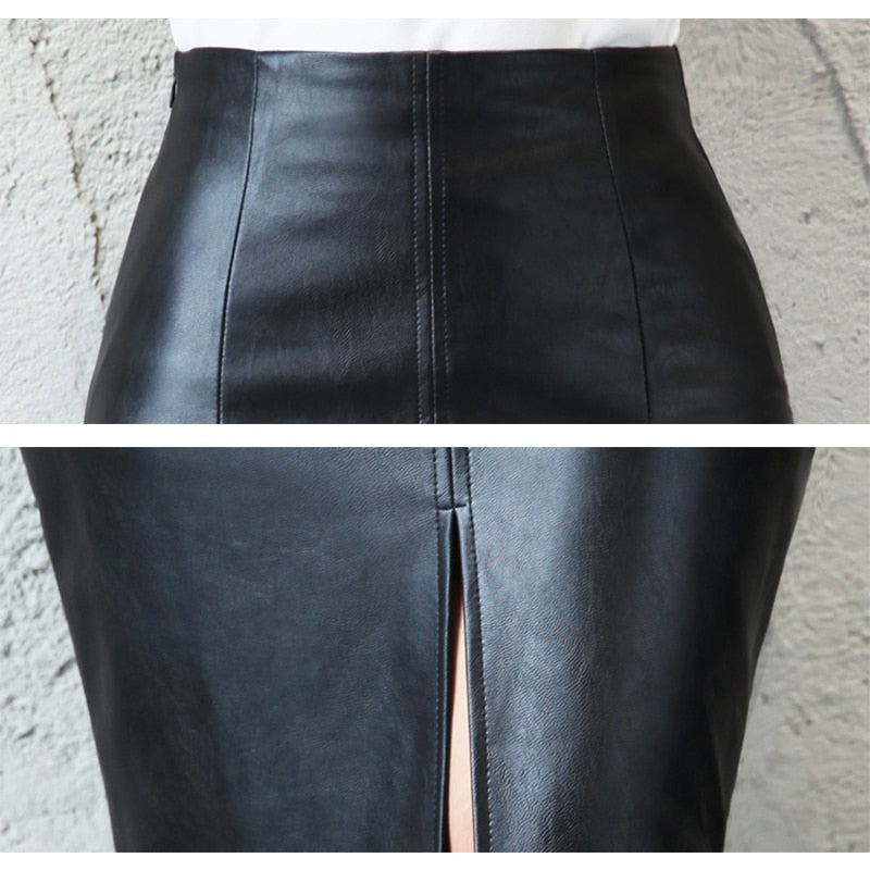Black  Leather Midi Skirt for Women - Sexy High Waist Bodycon Split Pencil Skirt, Knee Length, Plus Size
