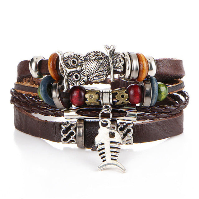 2 pcs Tibetan Stone Feather Multilayer Leather Bracelet Set