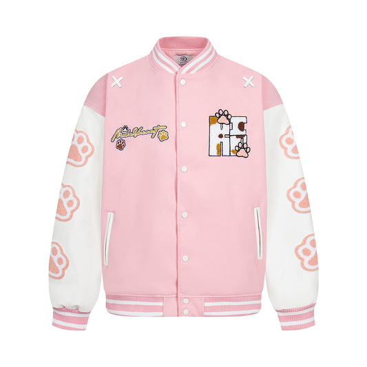 Retro Cute Dog Paw Embroidery Baseball Jacket