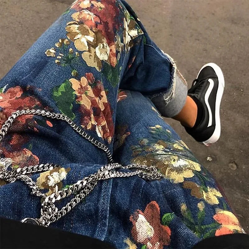 Hand-Painted Floral Graffiti Men's Trendy Jeans
