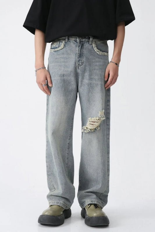 Distressed Mid Rise Men's Jeans - Harajuku Style